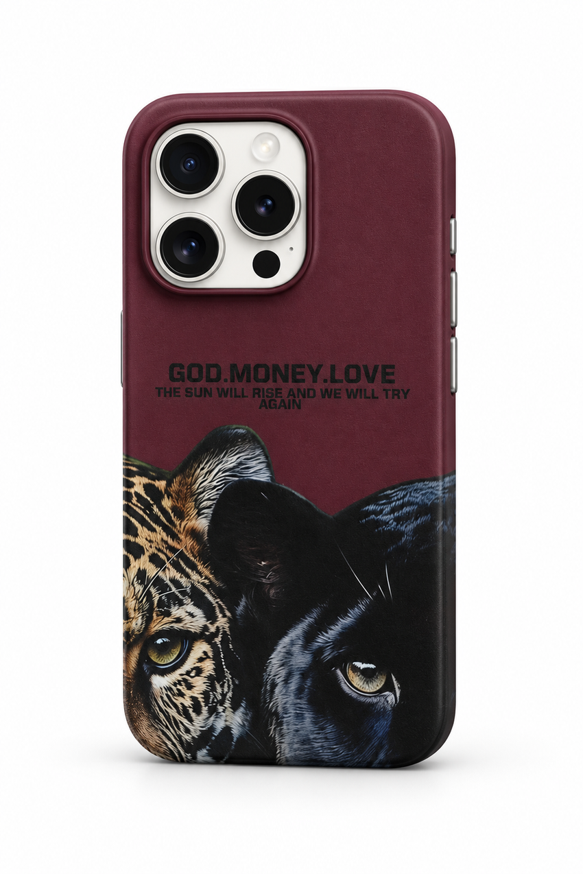Bordo God Money Love Leopar ve Panter tasarımlı telefon kılıfı