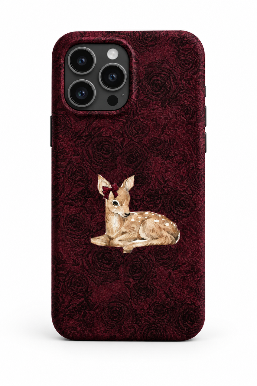 Bordo Güller ve Yavru Geyik tasarımlı telefon kılıfı