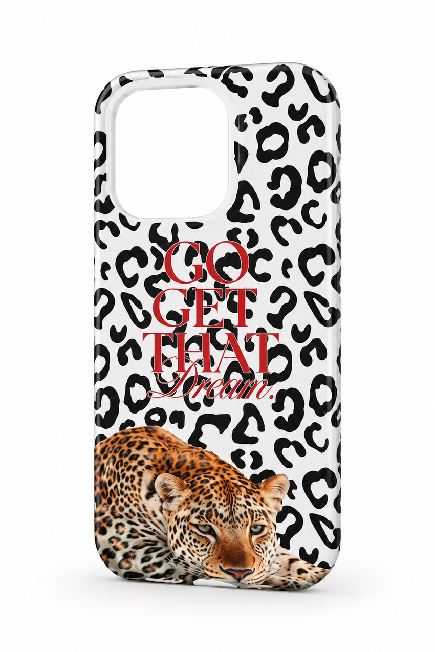 Beyaz Go Get That Dream Leopar tasarımlı telefon kılıfı