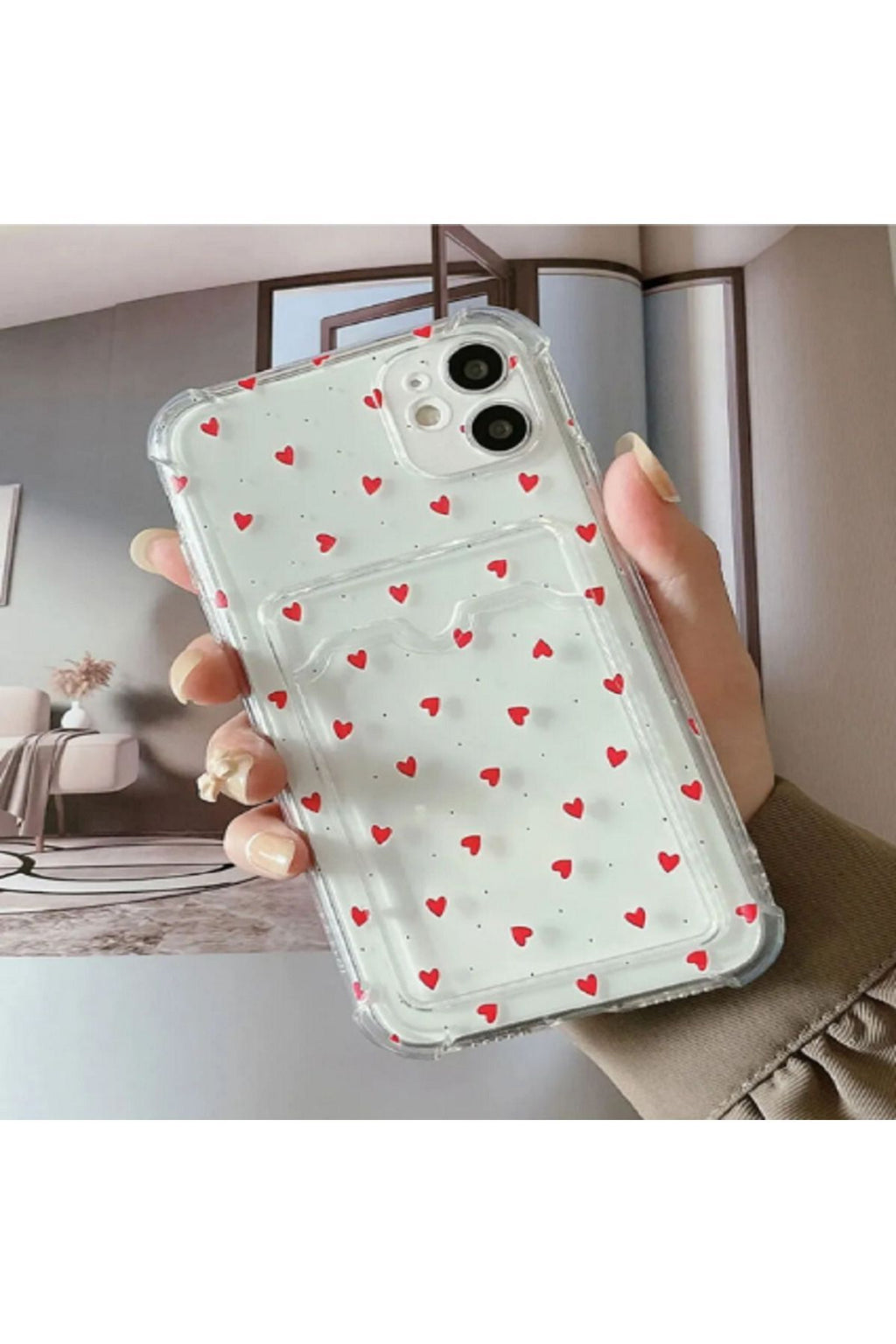 WOTOBEUS Iphone 11 Uyumlu Şeffaf Kartlıklı Airbag Antishock Köşeli Kamera Korumalı Minik Kalpli Kılıf