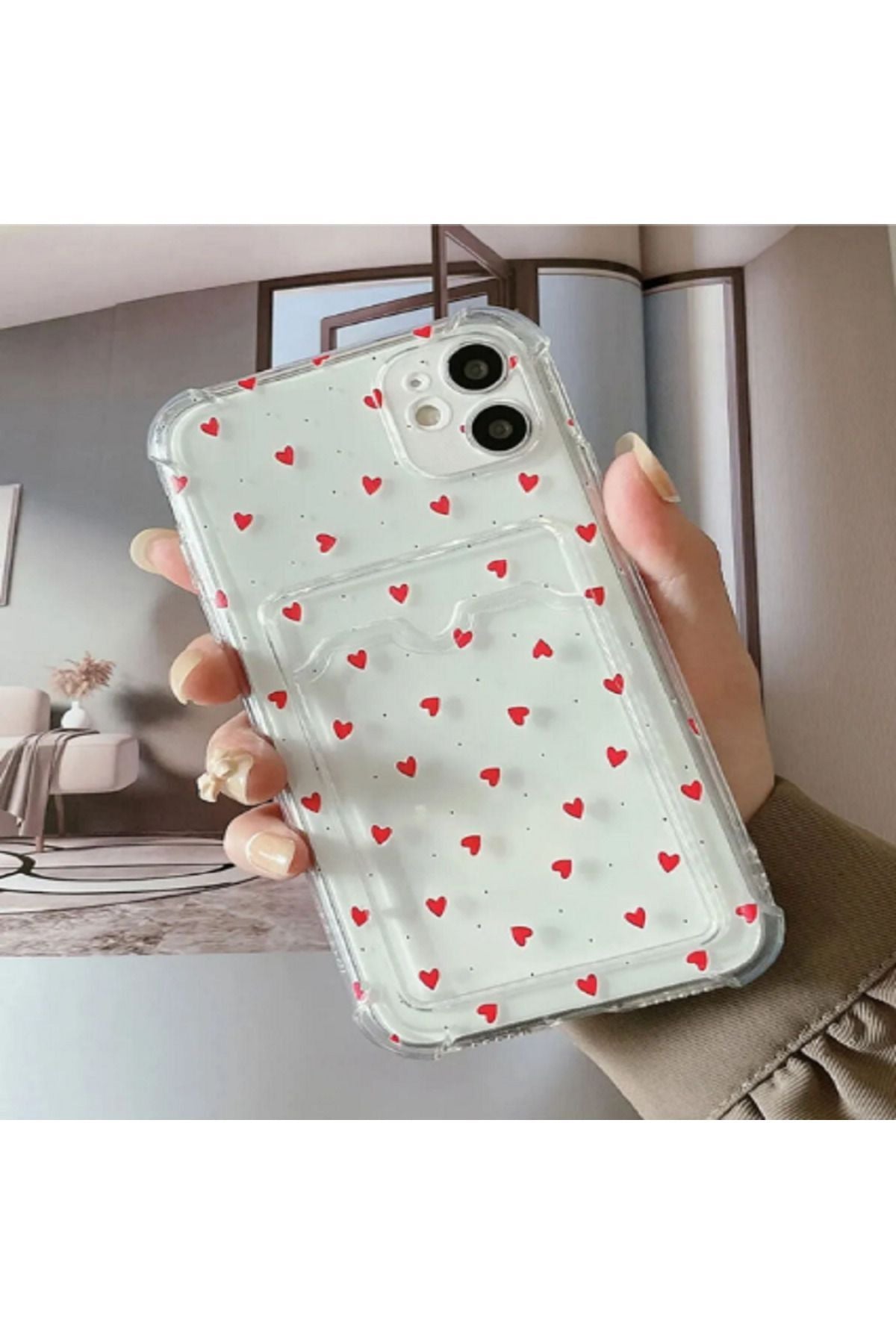 WOTOBEUS Iphone 11 Uyumlu Şeffaf Kartlıklı Airbag Antishock Köşeli Kamera Korumalı Minik Kalpli Kılıf