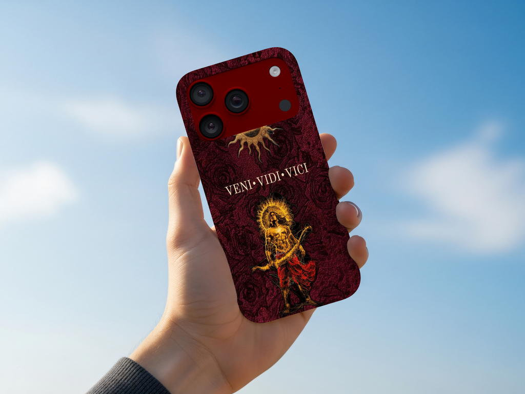 WOTOBEUS Bordo Veni Vidi Vici Ateş Figürü Tasarımlı Telefon Kılıfı elde görünüm